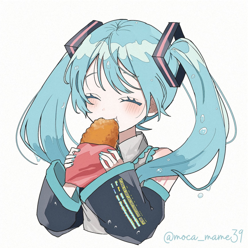 1girl, black_sleeves, blue_hair, blush, closed_eyes, closed_mouth, commentary_request, cropped_torso