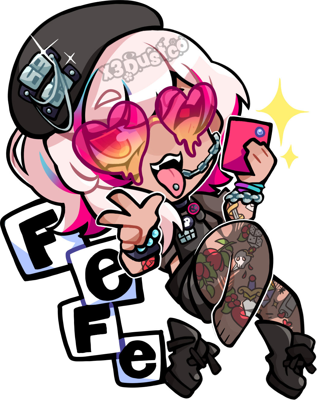 1girl, black_hair, black_overalls, black_shoes, black_shorts, blue_streaks, bracelet, chibi