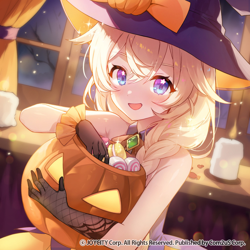 1girl, :d, apple_caramel, asymmetrical_gloves, bare_tree, blonde_hair, blue_eyes, blush, bow, braid, brown_bow, brown_gloves, candle, character_request, commentary_request, fire, flower_in_eye, food, gloves, hair_between_eyes, hair_over_shoulder, halloween_bucket, hat, highres, holding, indoors, long_hair, looking_at_viewer, low_twintails, macaron, mismatched_gloves, night, official_art, orange_skirt, purple_hat, purple_shirt, shirt, skirt, sleeveless, sleeveless_shirt, smile, solo, starseed:_asnia_trigger, symbol_in_eye, tree, twin_braids, twintails, window, witch_hat