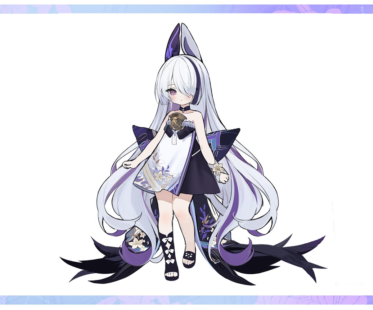 1girl, aged_down, azur_lane, bare_shoulders, byulzzi, dress, full_body, hair_over_one_eye, light_blush, long_hair, multicolored_hair, official_artist_extra, purple_dress, purple_hair, purple_streaks, solo, streaked_hair, two-tone_dress, unzen-chan_(azur_lane), very_long_hair, violet_eyes, white_dress, white_hair