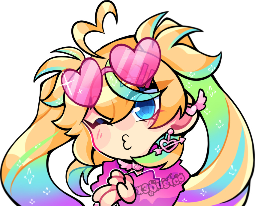 1girl, ahoge, arielle_(vtuber), blonde_hair, blowing_kiss, blue_eyes, chibi, choker