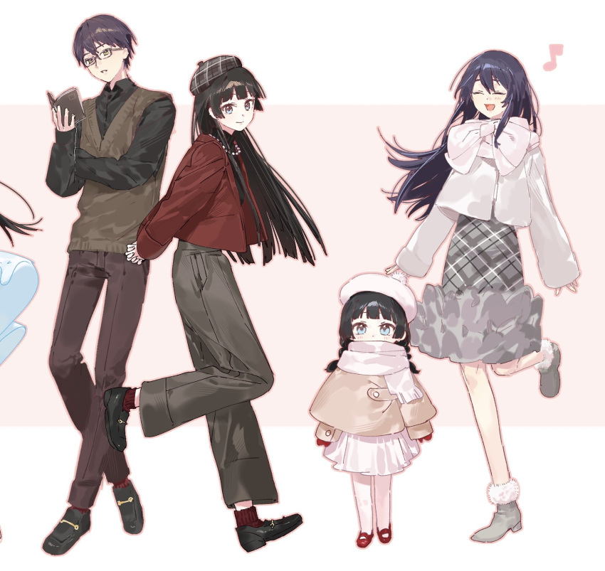 1boy, 2girls, ^_^, aged_down, alternate_costume, ankle_boots, ankle_socks, arms_behind_back, beret, bespectacled, black-framed_eyewear, black_shirt, black_shoes, black_sweater, blunt_bangs, blunt_sidelocks, book, boots, bow, braid, brown_capelet, brown_pants, brown_sweater_vest, capelet, child, closed_eyes, closed_mouth, collared_shirt, commentary, double-parted_bangs, dress_shirt, dress_shoes, eighth_note, fashion, floating_hair, fluffy_clothes, full_body, fur-trimmed_boots, fur_trim, genderswap, genderswap_(mtf), gensan_1130, glasses, green_eyes, grey_boots, grey_hat, grey_pants, grey_skirt, hair_between_eyes, hand_on_own_arm, hat, head_tilt, highres, holding, holding_book, interlocked_fingers, jacket, jewelry, kenmochi_touko, kenmochi_touya, leg_up, letterboxed, lineup, long_hair, looking_at_viewer, mary_janes, medium_skirt, mittens, multiple_girls, multiple_views, musical_note, necklace, nijisanji, open_clothes, open_jacket, open_mouth, outline, outside_border, own_hands_together, pants, pantyhose, pearl_necklace, pink_background, pink_outline, plaid_clothes, plaid_hat, plaid_skirt, purple_hair, red_jacket, red_mittens, red_shoes, red_socks, scarf, scarf_bow, shirt, shoes, short_hair, sidelocks, skirt, smile, socks, standing, standing_on_one_leg, straight_hair, sweater, sweater_vest, time_paradox, tsukino_mito, tsukino_mito_(young), turtleneck, twin_braids, untranslatable_commentary, virtual_youtuber, white_hat, white_jacket, white_pantyhose, white_scarf, white_shirt, wing_collar, winter_clothes