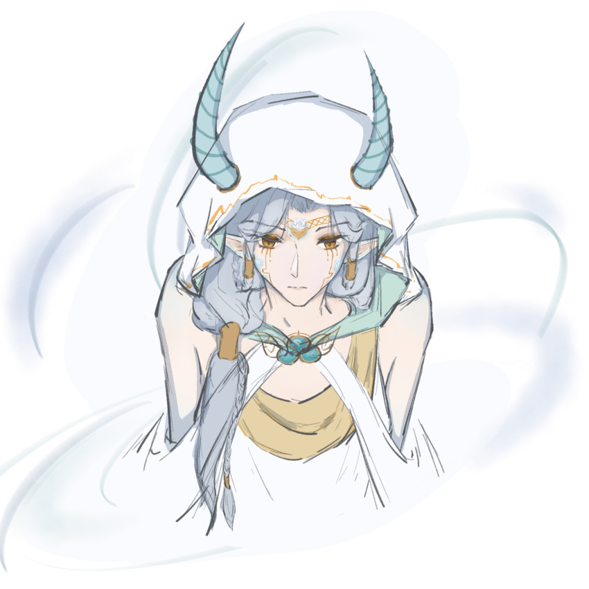 1girl, absurdres, bare_shoulders, blue_hair, blue_horns, blue_scales, braid, braided_hair_rings