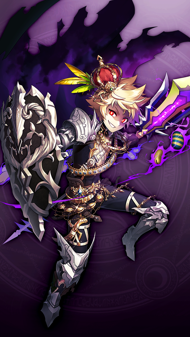 1boy, armor, beans, black_bodysuit, blonde_hair, bodysuit, cape, chaos_jack_(grimms_notes), crown, full_body, game_asset, grimms_notes, grin, jewelry, male_focus, non-web_source, official_art, polearm, purple_background, purple_cape, red_eyes, sacanahen, shaded_face, shield, smile, solo, spear, teeth, torn_cape, torn_clothes, weapon