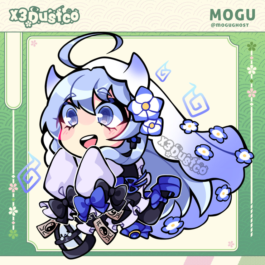 1girl, absurdres, ahoge, black_bow, blue_bow, blue_eyes, blue_flower, blue_hair