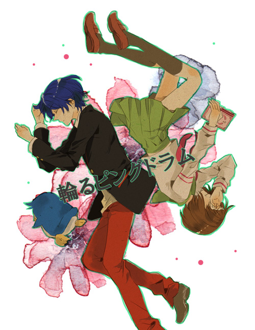 blue_hair, book, brown_hair, closed_eyes, eyes_closed, flower, lying, mawaru_penguindrum, oginome_ringo, penguin_2-gou, school_uniform, serafuku, short_hair, takakura_shouma, teo_(kaminaripanda)