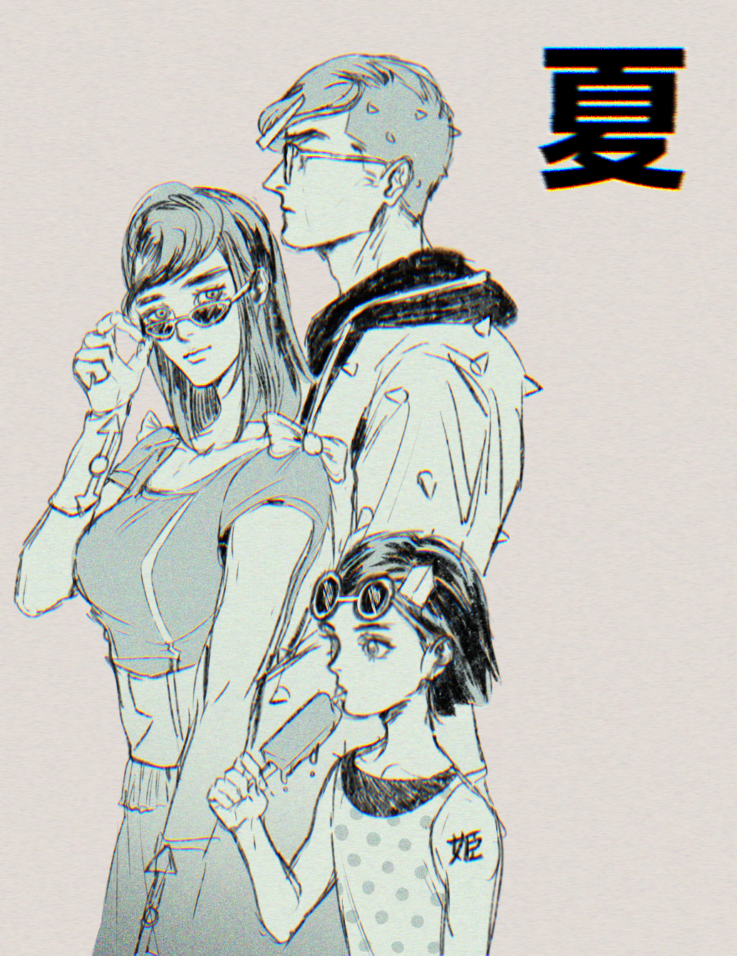 1boy, 2boys, adjusting_eyewear, arm_tattoo, arrow_print, bow, child, commentary