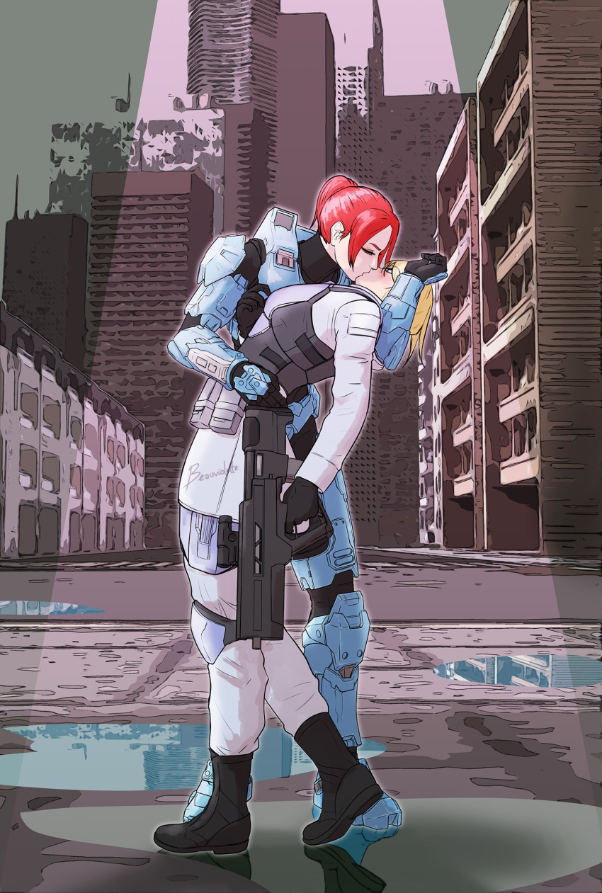 2girls, armor, battle_rifle, black_gloves, blonde_hair, blue_armor, bullpup, closed_eyes