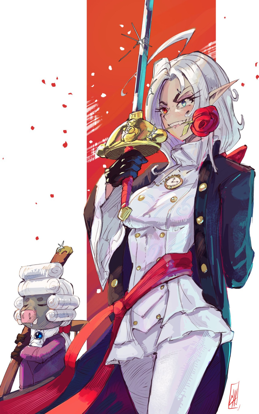 1girl, ahoge, black_coat, black_gloves, blue_eyes, boris_(general_geega), boutsoftheblind, coat, dress, fangs, flower, flower_in_mouth, general_geega, gloves, grey_hair, heterochromia, highres, holding, holding_sword, holding_weapon, indie_virtual_youtuber, medium_hair, pants, pig, pointy_ears, red_eyes, red_flower, red_rose, rose, simple_background, sword, teeth, virtual_youtuber, weapon, white_dress, white_pants