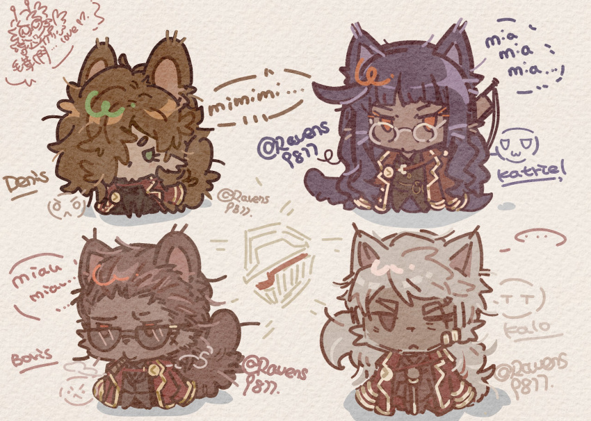 1girl, 3boys, black-framed_eyewear, black_eyes, black_hair, black_tail, boris_(project_moon), brown_hair