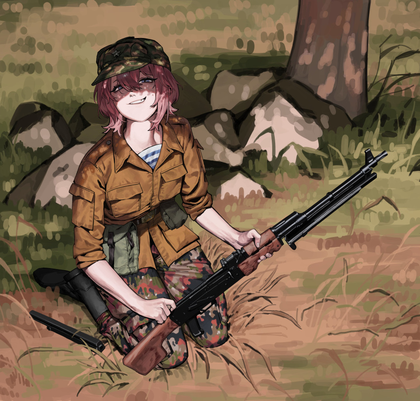1girl, absurdres, assault_rifle, black_boots, blue_eyes, blue_shirt, blurry, blurry_background