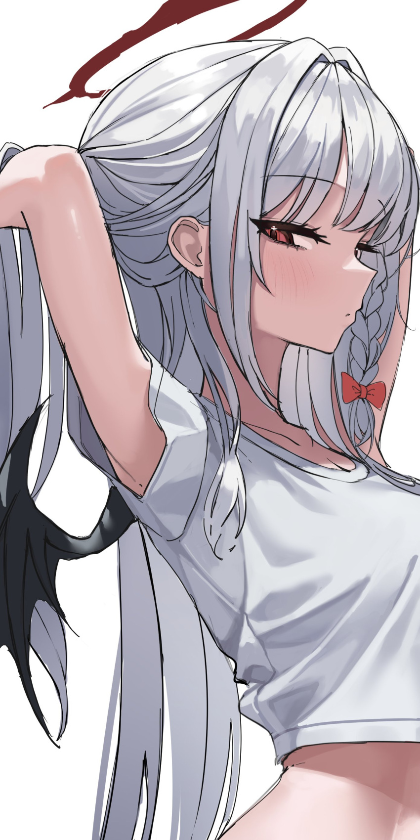1girl, absurdres, akamin435, arms_behind_head, backlighting, blue_archive, blush, bow