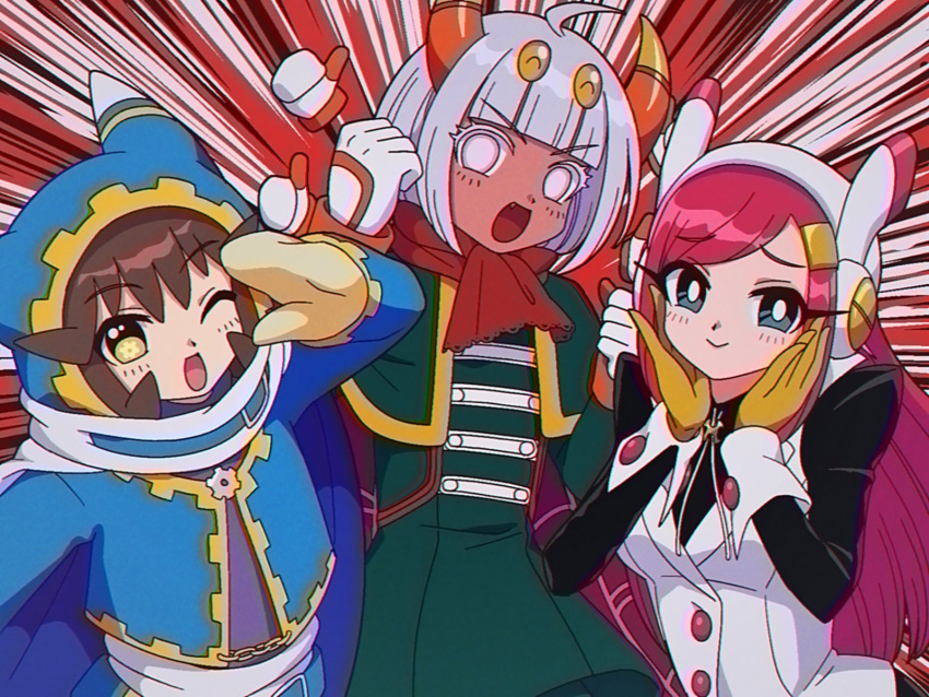 3girls, ^_^, ahoge, animal_ear_hood, arm_up, belt, belt_buckle, black_shirt