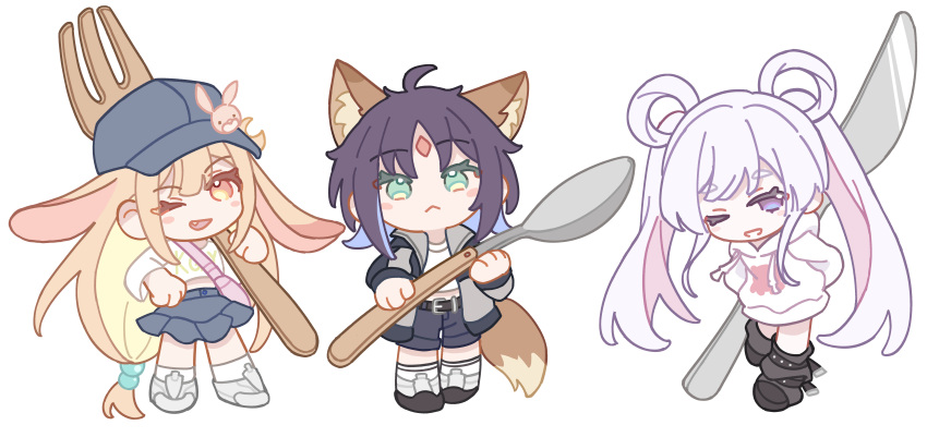 3girls, :<, absurdres, ahoge, animal_ears, blonde_hair, blue_hair, blue_shorts