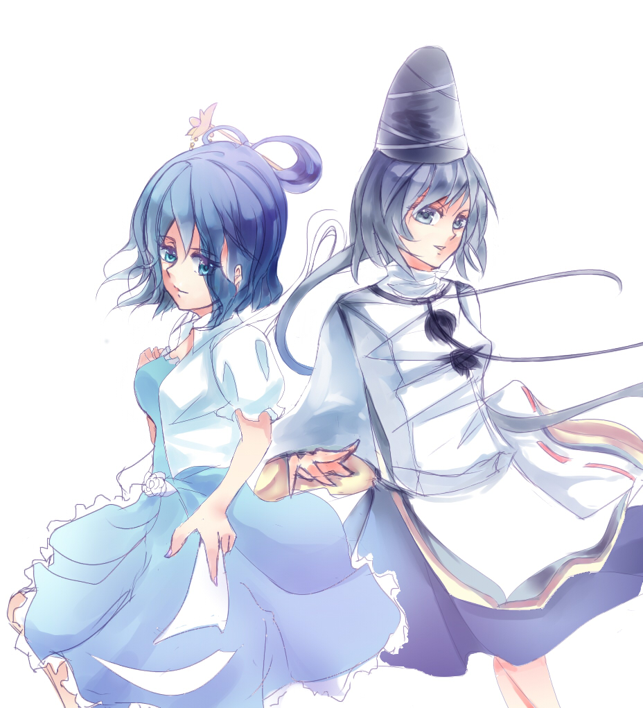 blue_eyes, blue_hair, dress, flower, grey_eyes, grey_hair, hair_rings, hair_stick, hat, japanese_clothes, kaku_seiga, kariginu, mononobe_no_futo, multiple_girls, otako, sj, tate_eboshi, touhou