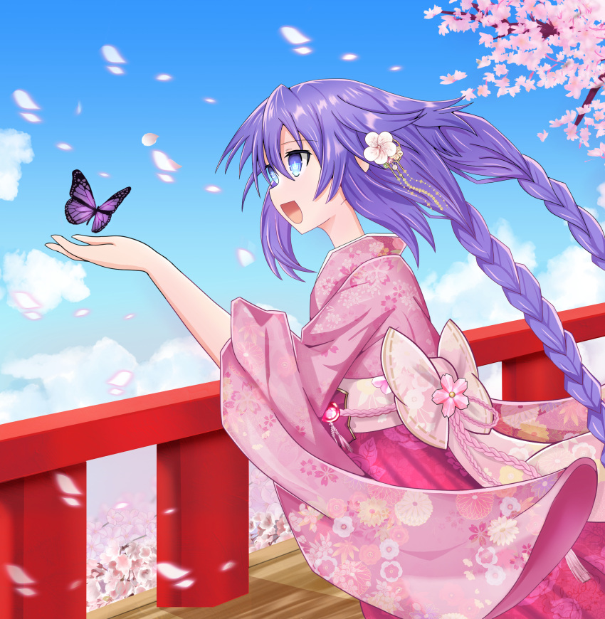 1girl, blue_eyes, blue_sky, blush, braid, bridge, cherry_blossoms, choujigen_game_neptune