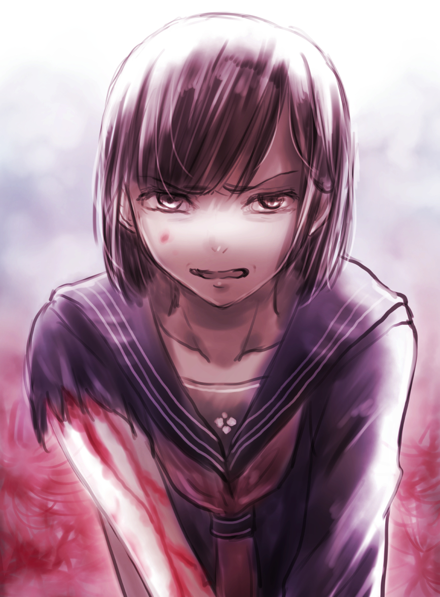 1girl, black_hair, blood, blood_on_arm, blood_on_face, blue_sailor_collar, blue_shirt, clenched_teeth, collarbone, commentary, flower, gradient_background, grey_background, grey_eyes, long_sleeves, looking_at_viewer, neckerchief, parted_lips, red_flower, red_neckerchief, sailor_collar, school_uniform, serafuku, shimizu_hinako, shirt, short_hair, silent_hill_(series), silent_hill_f, solo, spider_lily, teeth, torn_sleeve, two-tone_background, upper_body, v-shaped_eyebrows, white_background, zero_(massa_yosshi)