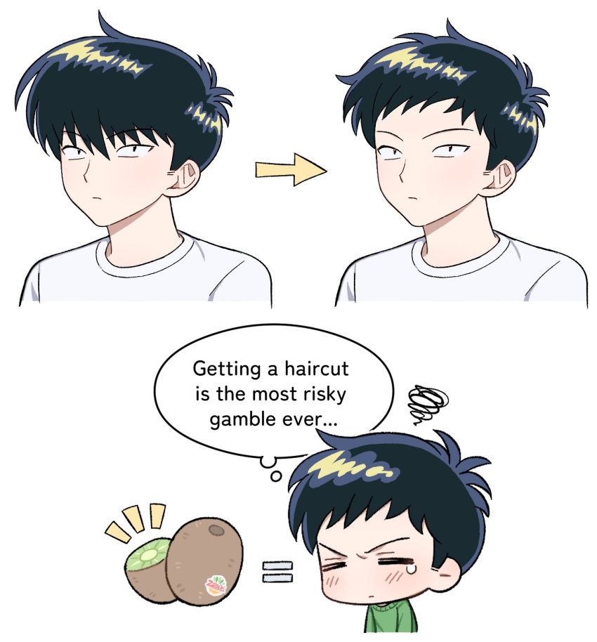 1boy, alternate_hairstyle, arrow_(symbol), before_and_after, black_hair, blush, closed_mouth, commentary
