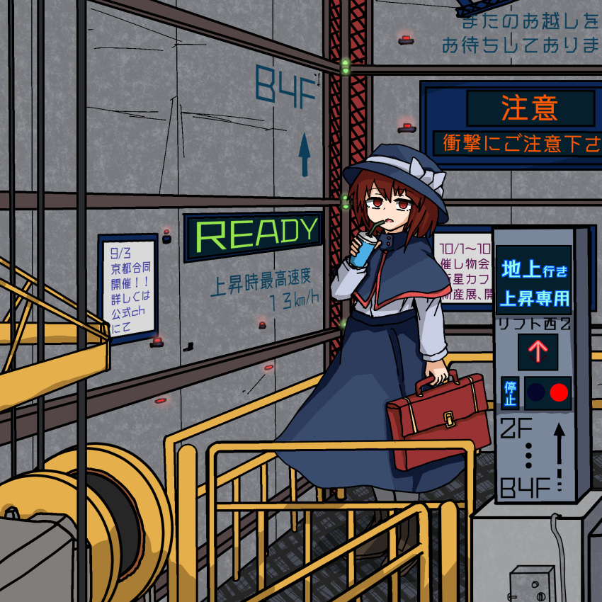 1girl, black_capelet, black_hat, black_skirt, bow, briefcase, brown_eyes, brown_hair