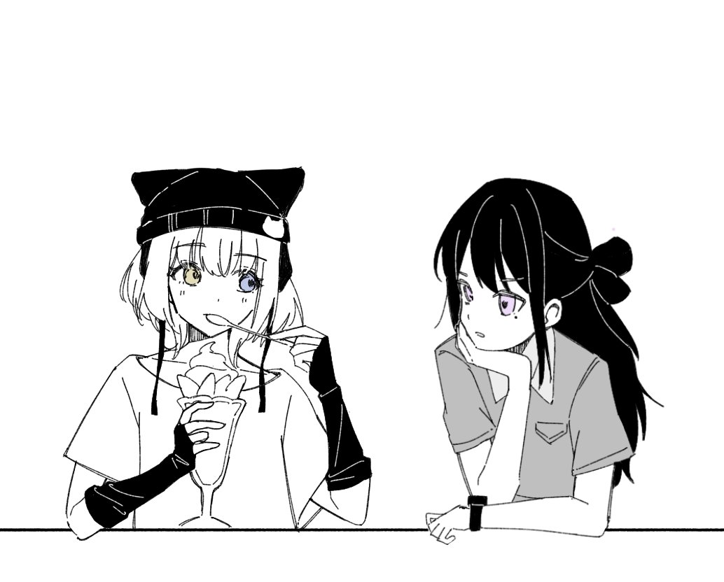 2girls, animal_ear_headwear, bang_dream!, bang_dream!_it's_mygo!!!!!, blue_eyes, blush, commentary, detached_sleeves, food, greyscale, half_updo, head_rest, heterochromia, ice_cream_spoon, kaname_raana, long_hair, mole, mole_under_eye, monochrome, multiple_girls, parfait, parted_lips, pokoroo09637184, raana_the_cat, shiina_taki, shirt, short_hair, short_sleeves, simple_background, spoon, spot_color, violet_eyes, watch, watch, white_background, yellow_eyes
