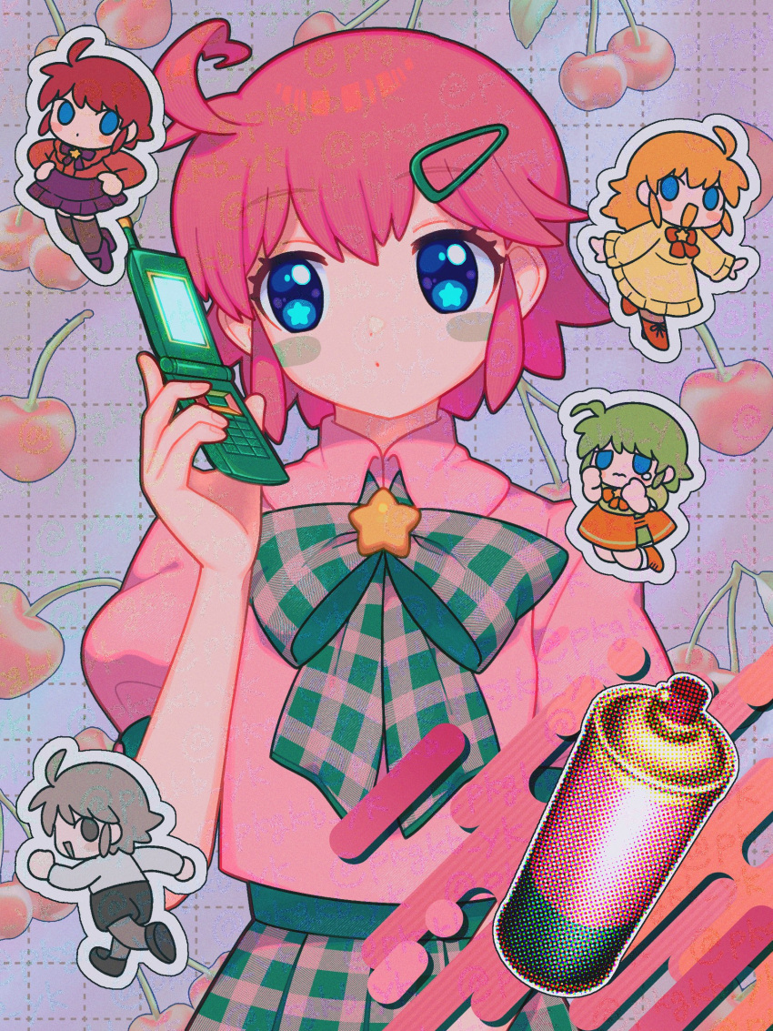 5girls, absurdres, black_bow, black_bowtie, black_shorts, blue_eyes, blush_stickers, boots