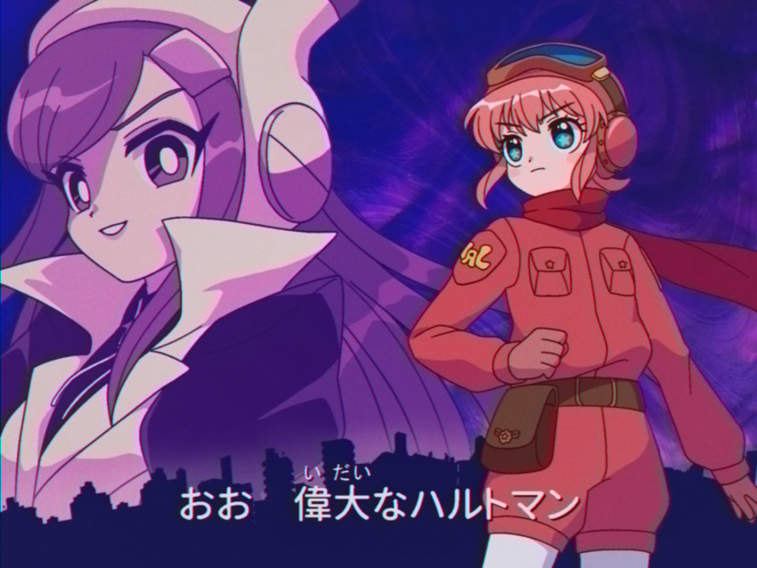 1990s_(style), 2girls, belt, belt_buckle, belt_pouch, blue_eyes, breast_pocket, brown_belt