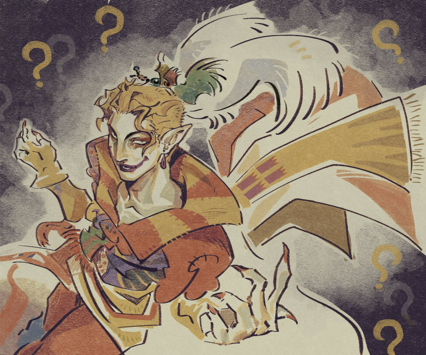 1boy, ?, blonde_hair, cape, clown_makeup, commentary, earrings, english_commentary