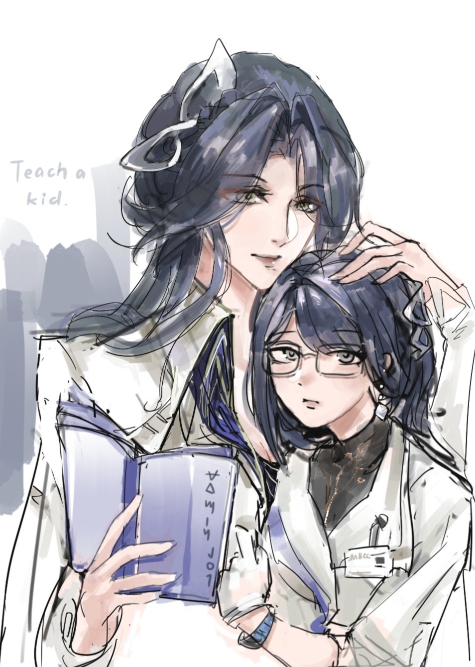 2girls, 600yeshui, aged_down, chief_(path_to_nowhere), commentary_request, female_chief_(path_to_nowhere), glasses, gloves