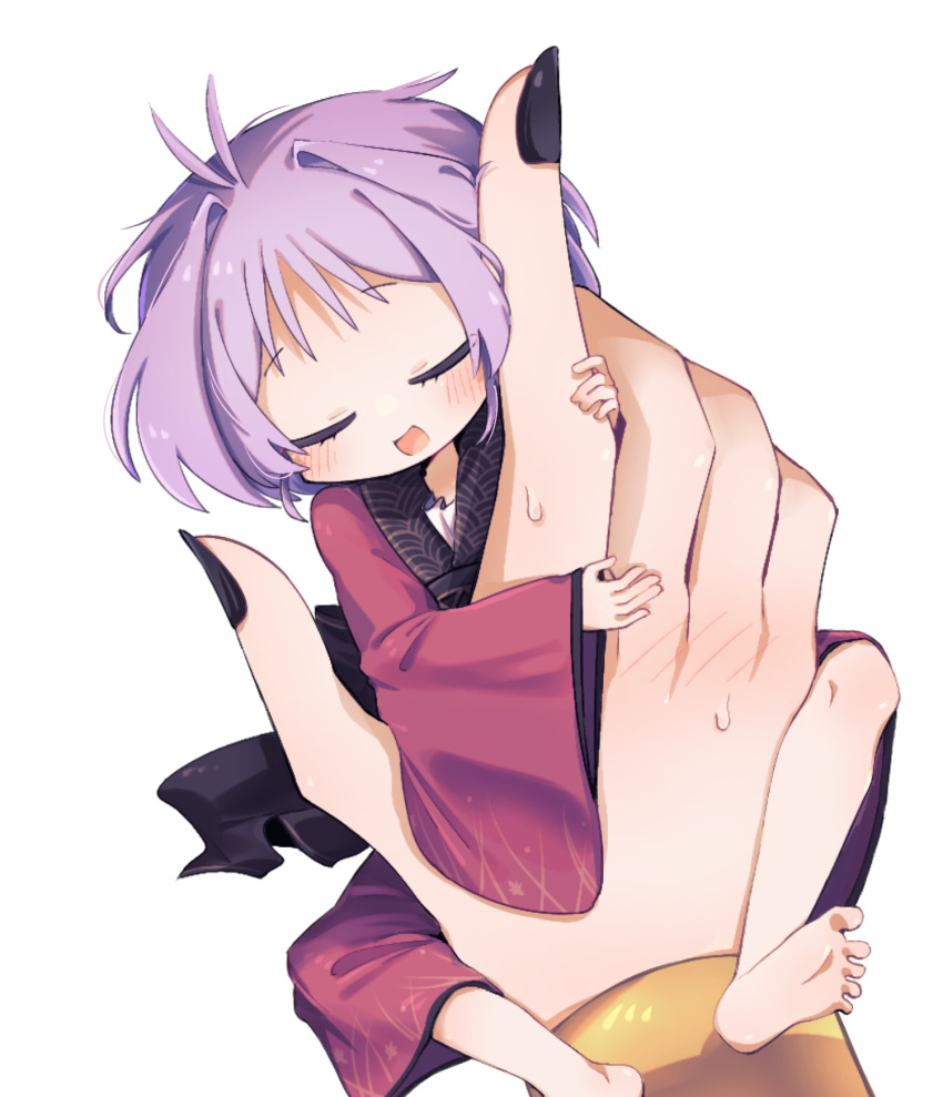 2girls, antenna_hair, barefoot, black_nails, blush, closed_eyes, commentary_request, female_pov