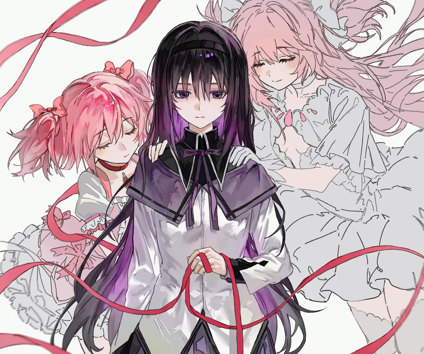 3girls, absurdres, akemi_homura, akemi_homura_(magical_girl), black_hair, black_hairband, bow, capelet