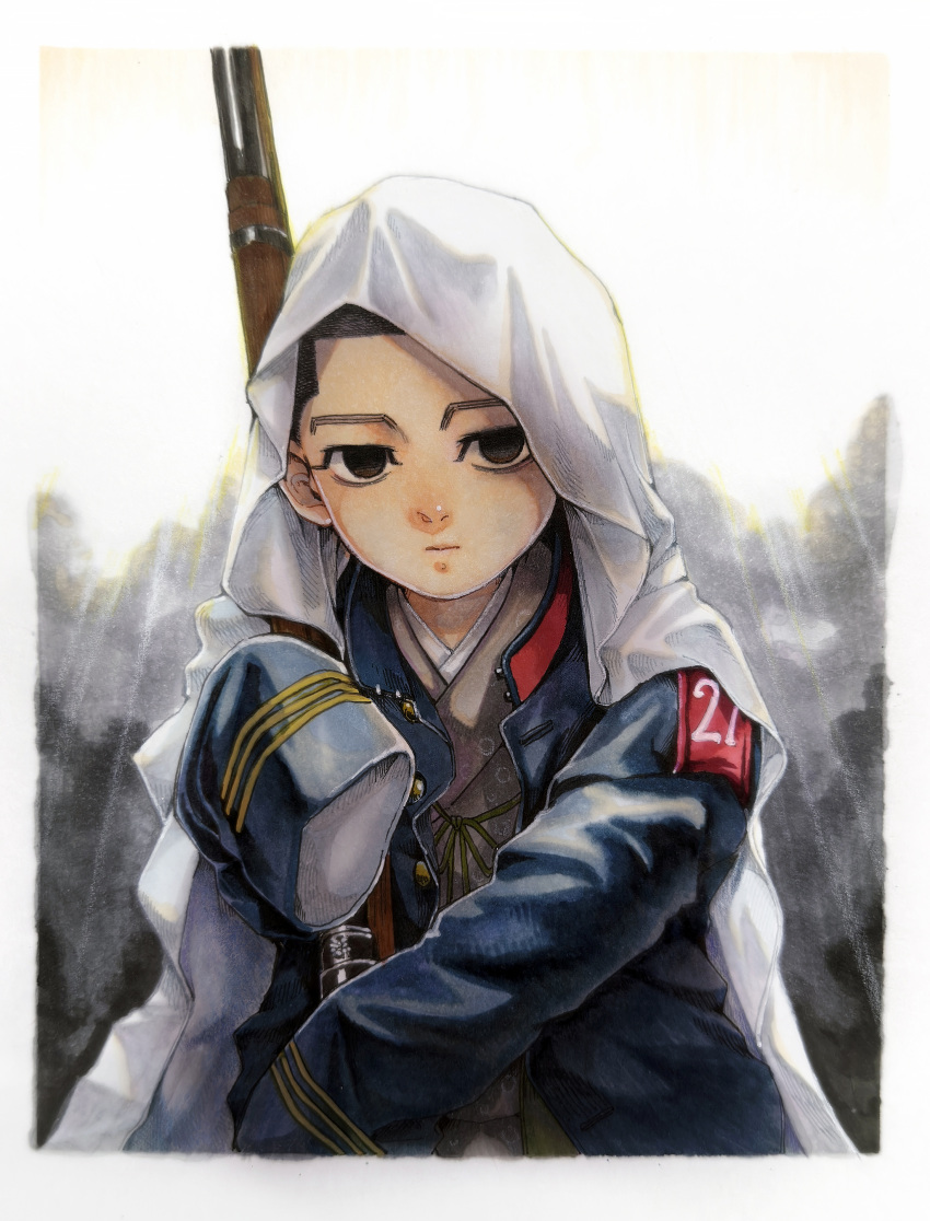 1boy, absurdres, aged_down, arisaka, bed_sheet, black_eyes, black_hair, blue_jacket, bolt_action, border, brown_kimono, child, closed_mouth, commentary_request, fake_photograph, golden_kamuy, gun, highres, holding, holding_gun, holding_weapon, jacket, japanese_clothes, kimono, looking_at_viewer, male_focus, military_uniform, ogata_hyakunosuke, rifle, rokujou_(sakakixsakaki), short_hair, sleeves_past_fingers, sleeves_past_wrists, solid_eyes, solo, standing, upper_body, very_short_hair, weapon, white_border