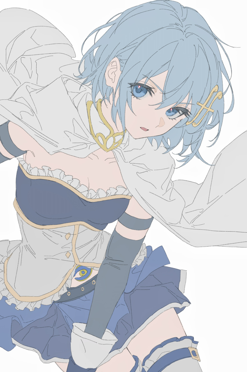 1girl, absurdres, blue_eyes, blue_hair, blue_skirt, bodice, cape, cowboy_shot