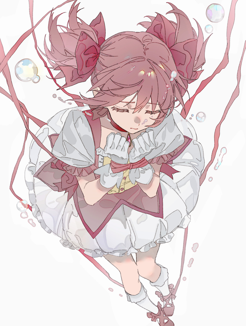 1girl, absurdres, air_bubble, bound, bound_wrists, bow, bubble, bubble_skirt