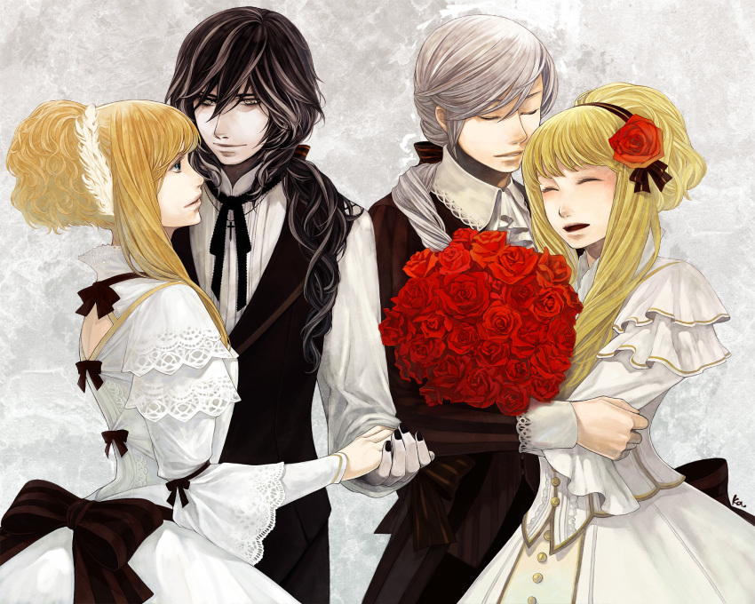 black_hair, blonde_hair, blue_eyes, bouquet, closed_eyes, couple, cravat, cross