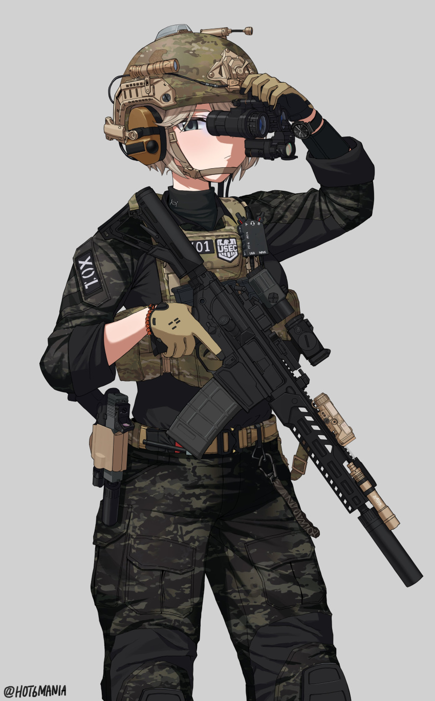 1girl, :/, absurdres, assault_rifle, belt, black_pants, black_shirt, blonde_hair