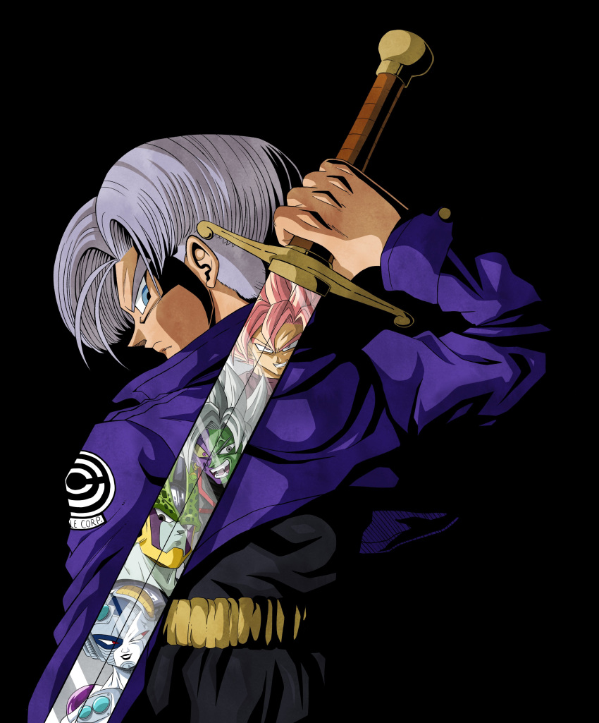 absurdres, black_dougi, capsule_corp, cell_(dragon_ball), commentary, denim, denim_jacket, dougi