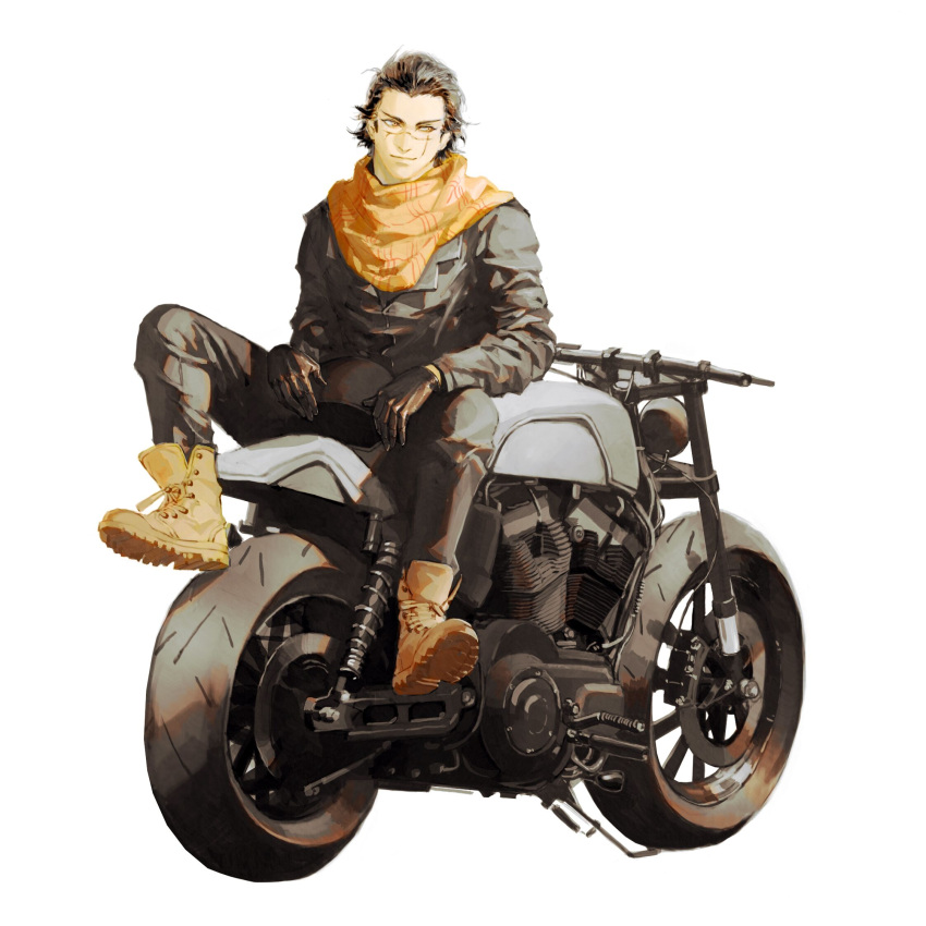 1boy, black_gloves, black_hair, black_jacket, black_pants, boots, brown_boots, commentary