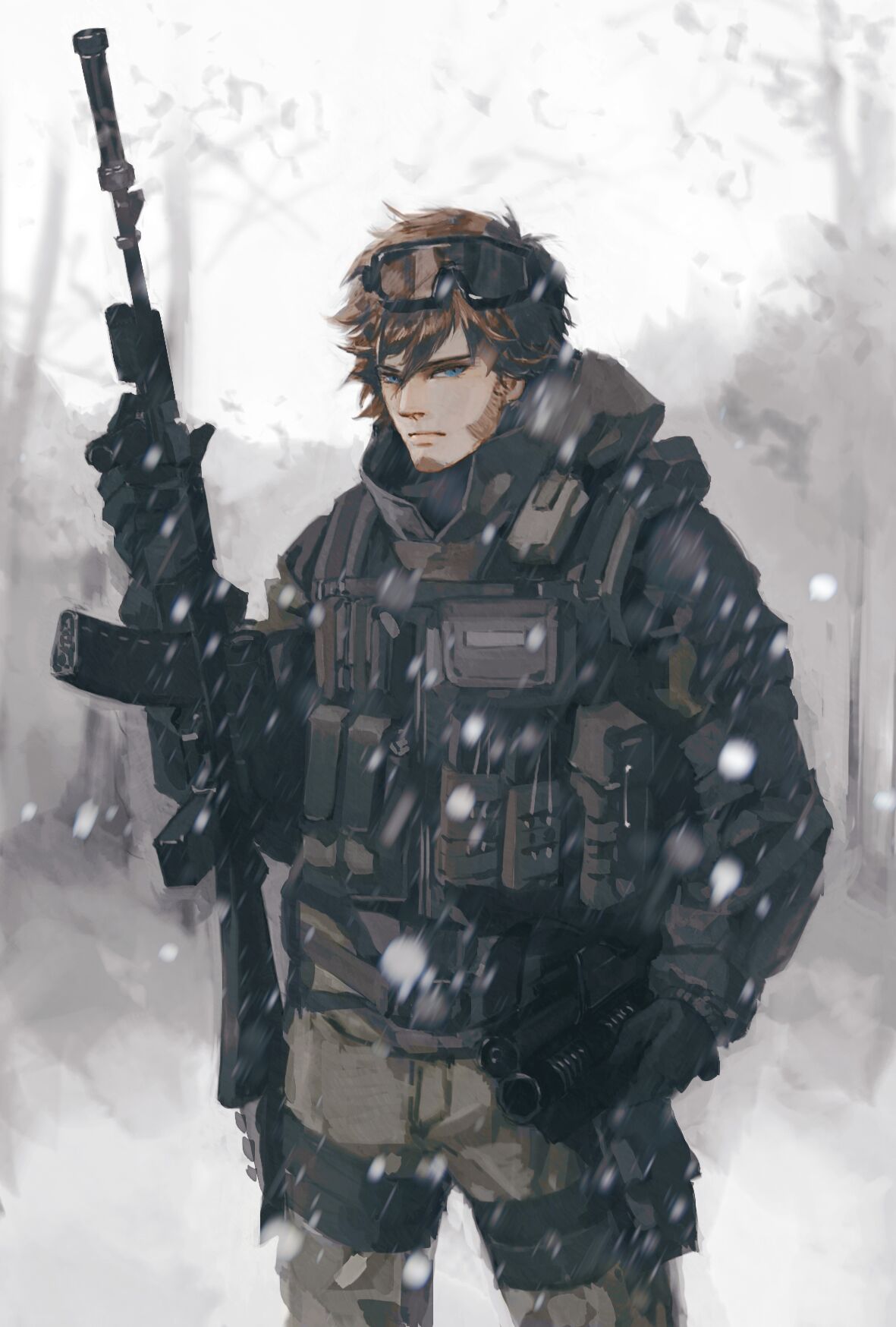 1boy, assault_rifle, black_vest, blue_eyes, brown_hair, chinese_commentary, closed_mouth, commentary_request