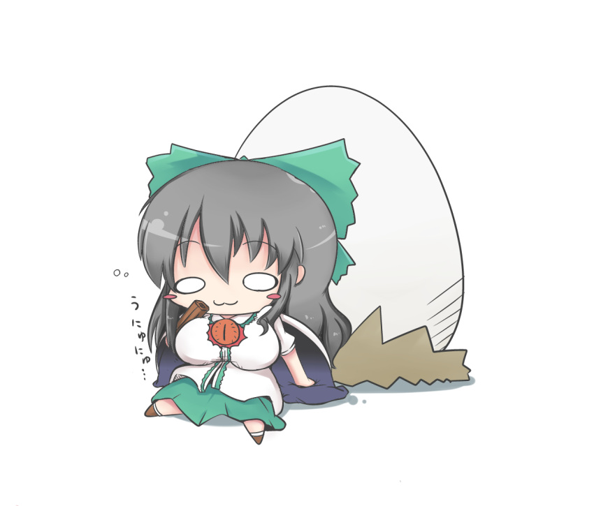 :3, arm_cannon, black_hair, blush_stickers, cape, chibi, dekasudachin, egg