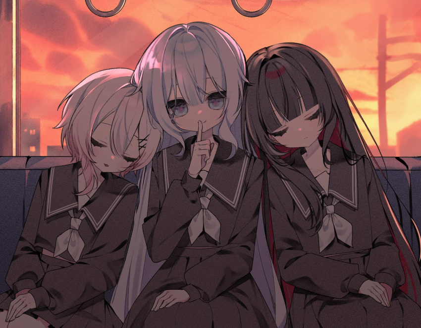 3girls, black_hair, black_sailor_collar, black_serafuku, black_skirt, closed_eyes, finger_to_mouth, flower