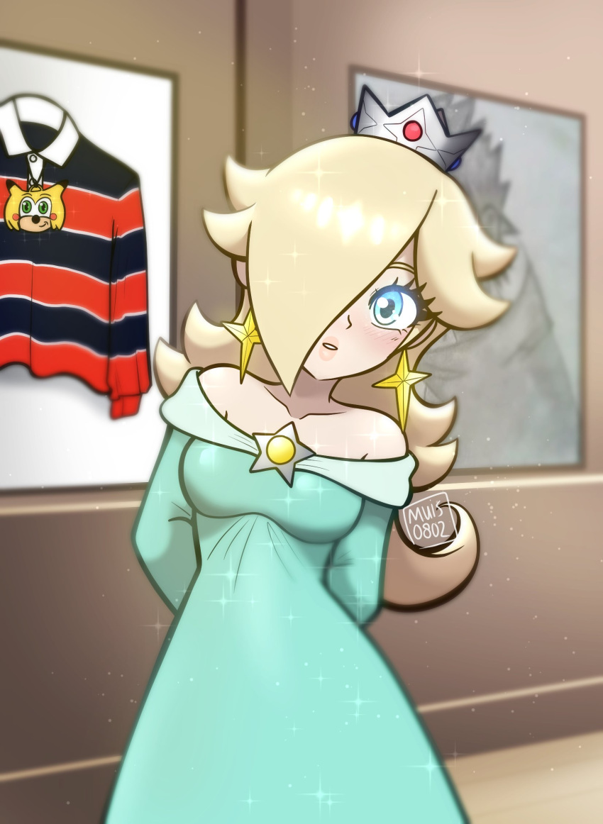 1girl, arms_behind_back, artist_name, bad_sasuke_drawing_(meme), bare_shoulders, blonde_hair, blue_dress, blue_eyes