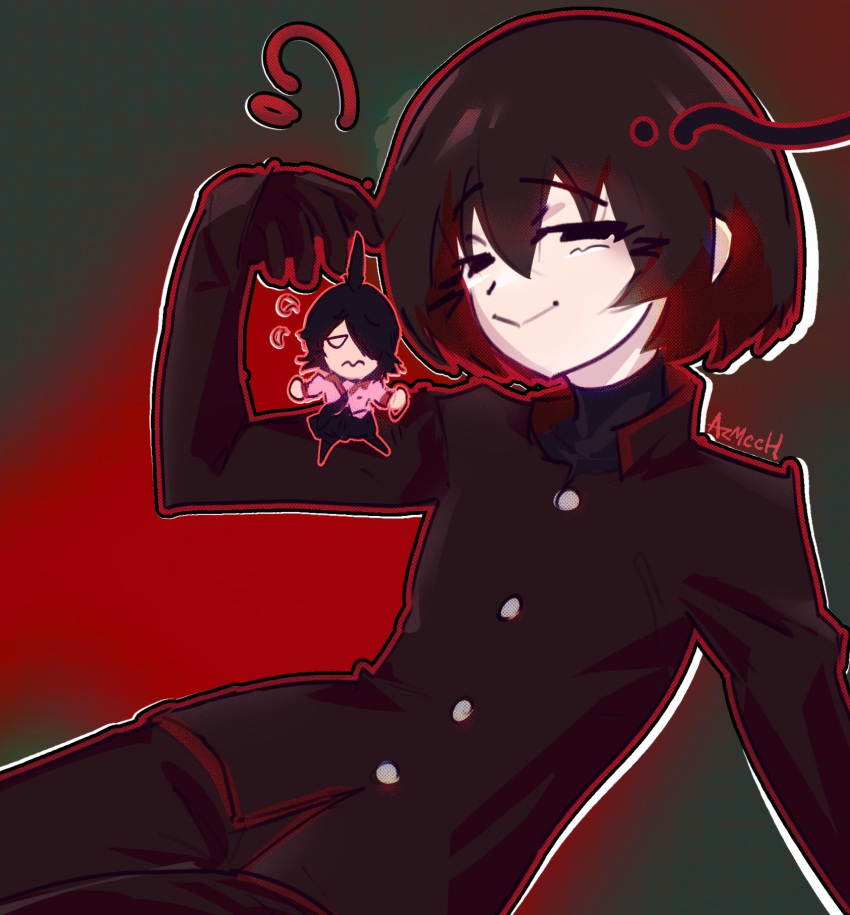 2boys, ahoge, androgynous, araragi_koyomi, azmcch, black_eyes, black_gloves, black_hair