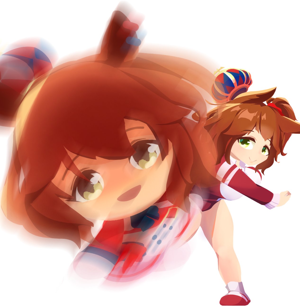 1girl, animal_ears, aston_machan_(umamusume), blue_bow, bow, breasts, character_doll, chibi