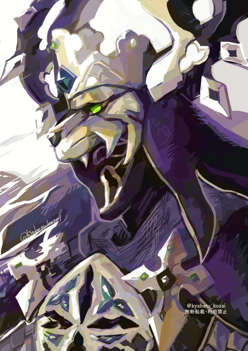 1boy, absurdres, artist_name, black_lion_(fate), crown, fake_horns, fate/grand_order, fate_(series), gem, green_gem, highres, horned_headwear, horns, john_lackland_(fate), kyabetuthousandcut, looking_ahead, mask, simple_background, solo, twitter_username, upper_body, white_background