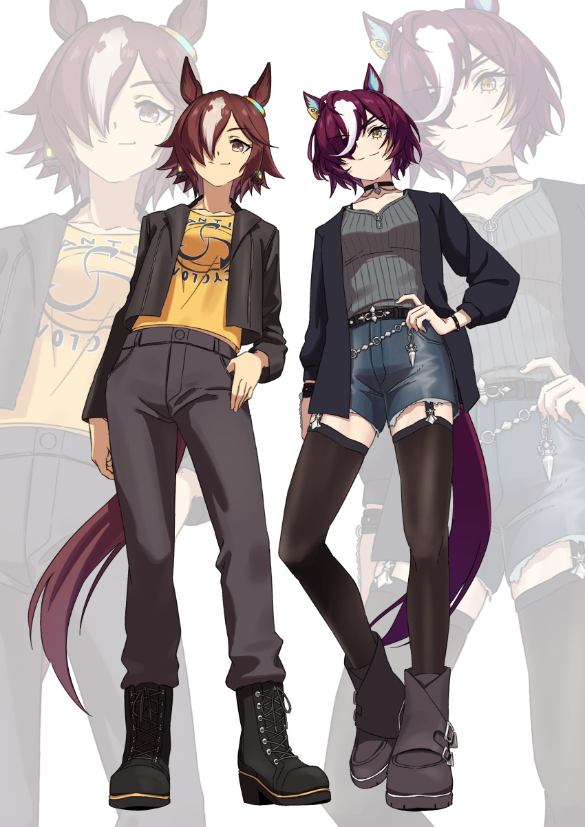 2girls, absurdres, animal_ears, belt, black_belt, black_boots, black_jacket, black_thighhighs