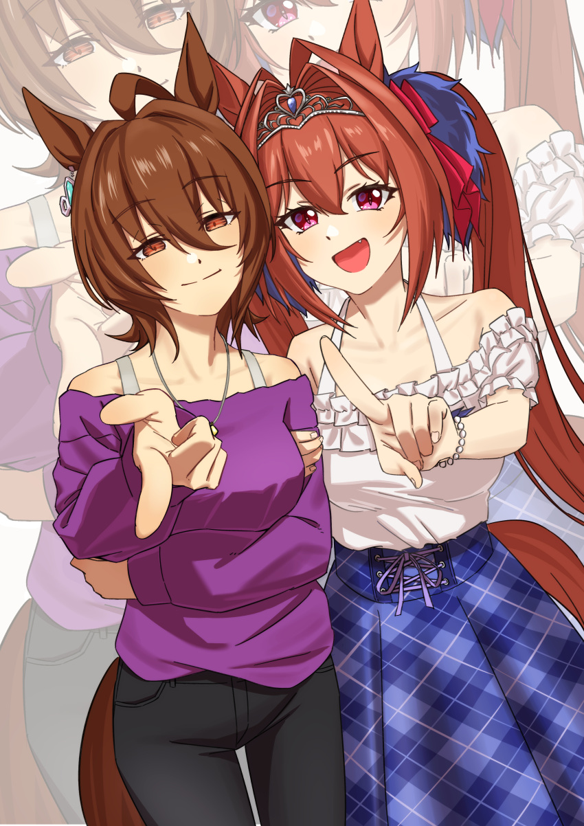 2girls, absurdres, agnes_tachyon_(casual)_(umamusume), agnes_tachyon_(umamusume), ahoge, animal_ears, bare_shoulders, black_pants