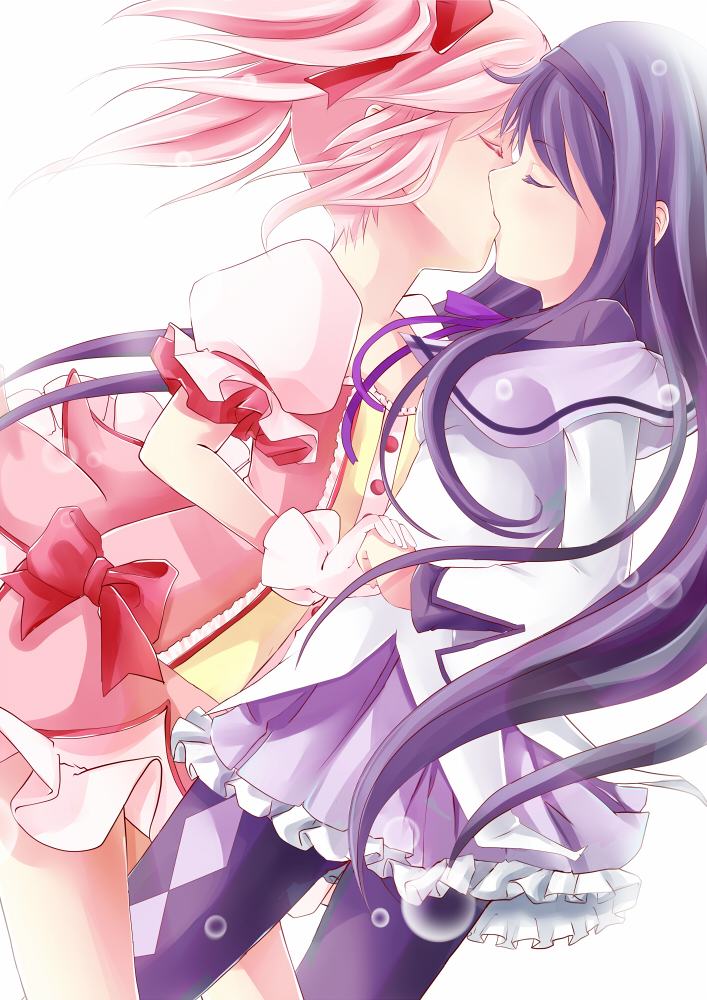 2girls, black_hair, eyes_closed, hair_ornament, hairband, kaname_madoka, kenneos, kiss, long_hair, mahou_shoujo_madoka_magica, md5_mismatch, multiple_girls, mutual_yuri, pantyhose, pink_hair, ribbon, short_hair, short_twintails, skirt, thighhighs, twintails, yuri