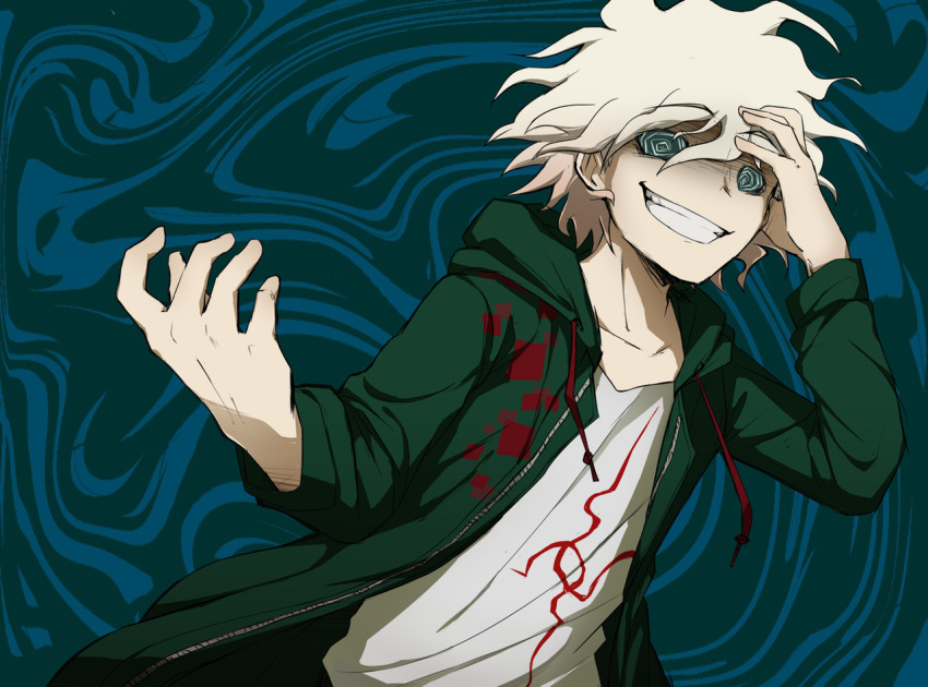 1boy, @_@, ahoge, anah_41, colored_sclera, commentary, crazy, danganronpa_(series)