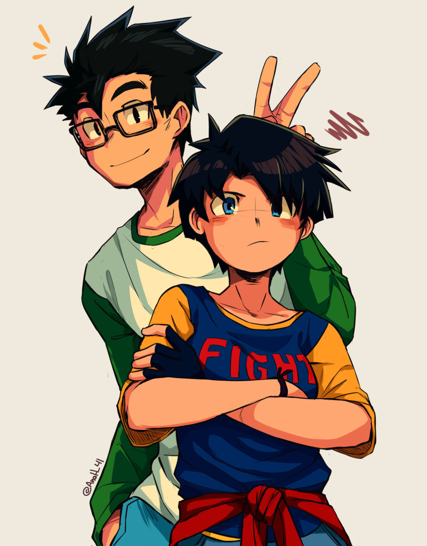 1boy, 1girl, anah_41, annoyed, black_hair, blue_eyes, blue_shirt, blush