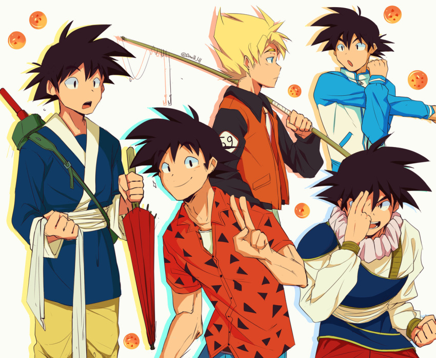 2boys, anah_41, black_hair, blonde_hair, blue_jacket, clenched_hand, collared_shirt, commentary, dragon_ball, dragon_ball_(object), dual_persona, fishing_rod, holding, holding_fishing_rod, holding_umbrella, jacket, japanese_clothes, male_focus, multiple_boys, multiple_views, open_mouth, print_shirt, profile, red_shirt, shirt, simple_background, smile, son_goku, spiky_hair, stretching, super_saiyan, surprised, umbrella, v, white_background, white_jacket